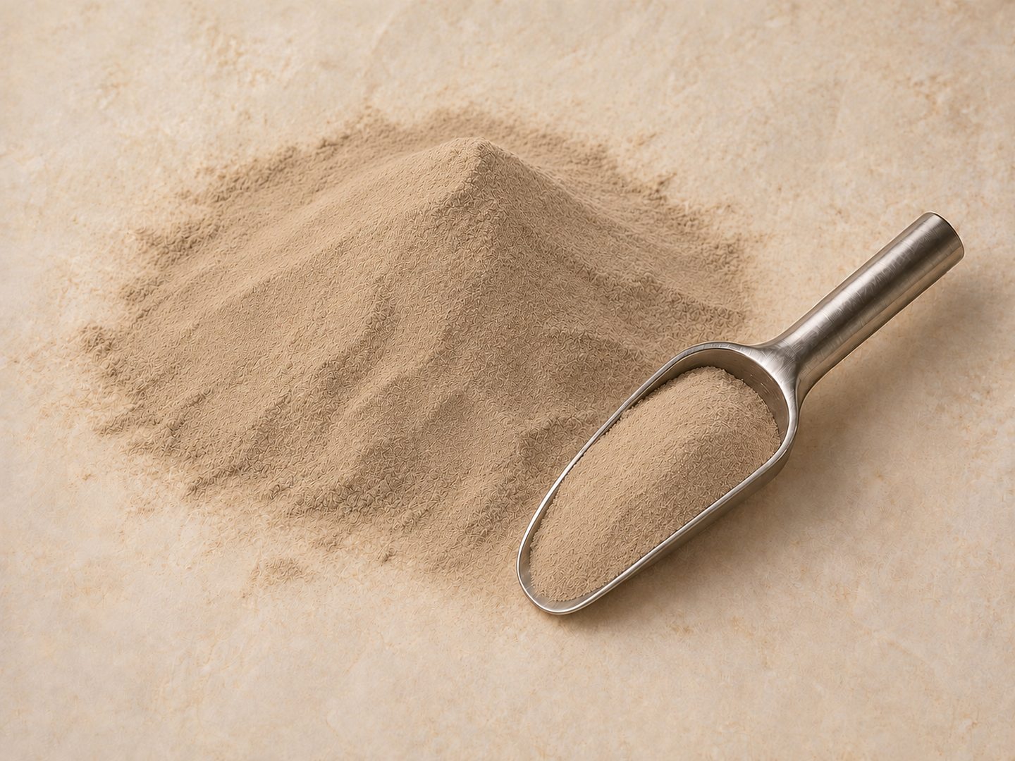 Date powder with a small stainless scoop on parchment