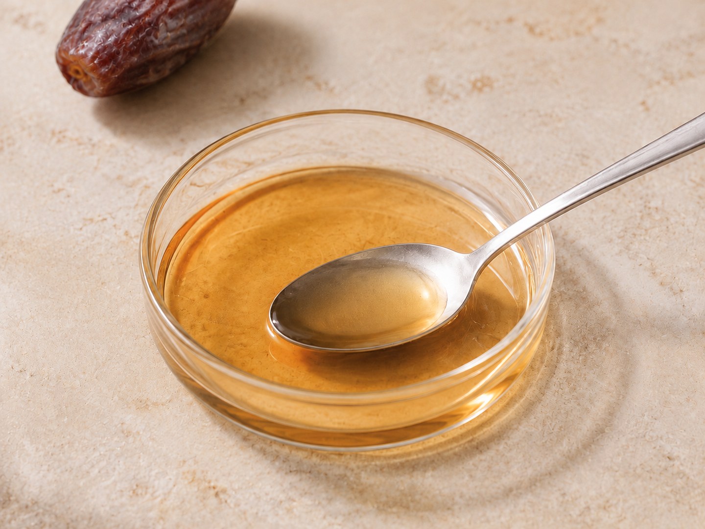 Light amber liquid date sugar in a glass dish with a tasting spoon