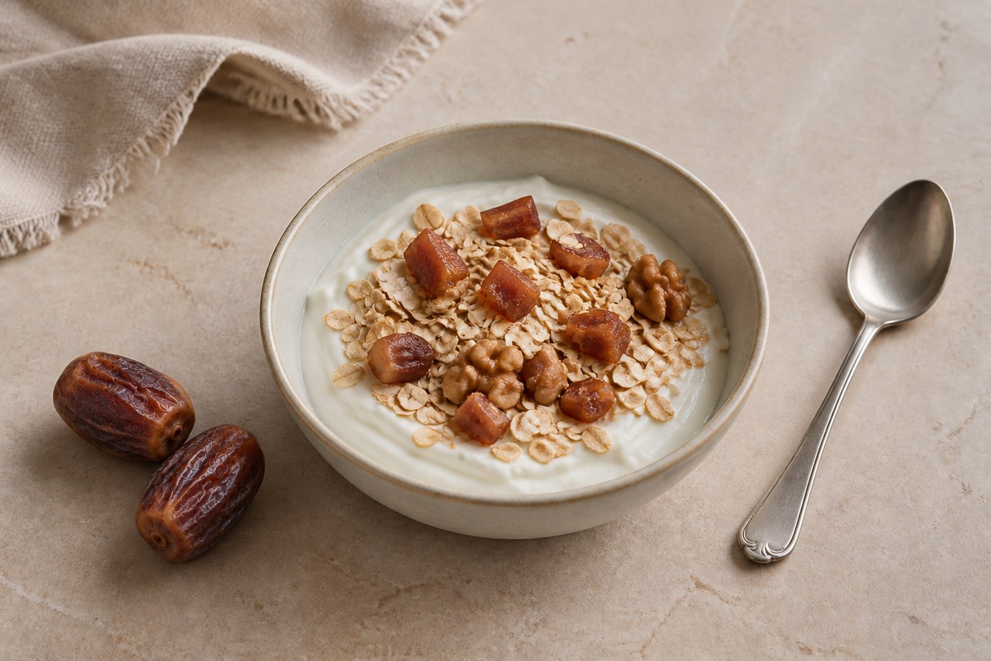 A bowl of plain yogurt with oats, date pieces and walnuts, with two whole dates alongside.