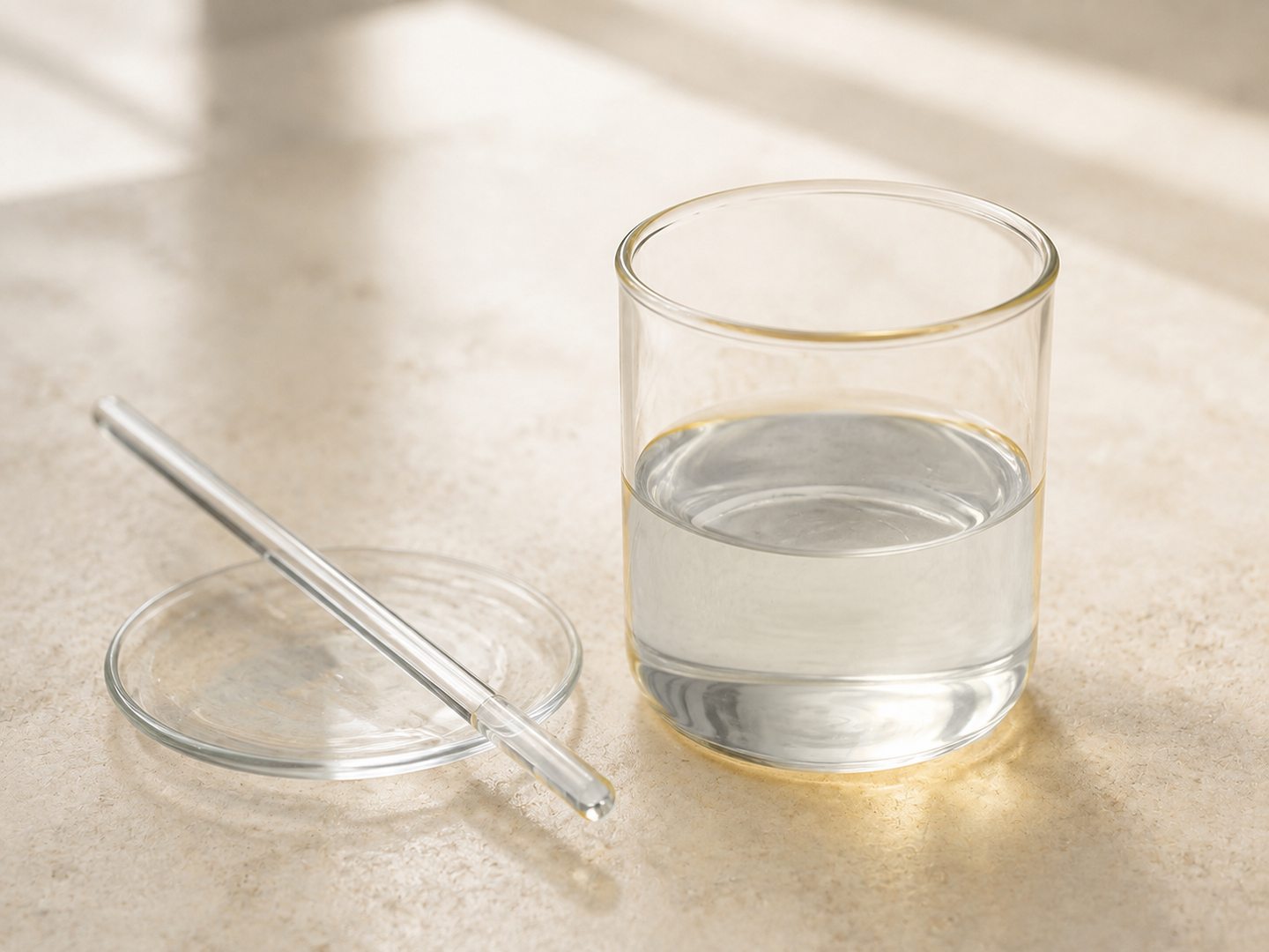 Pale deionized date concentrate in an unmarked glass sample vessel