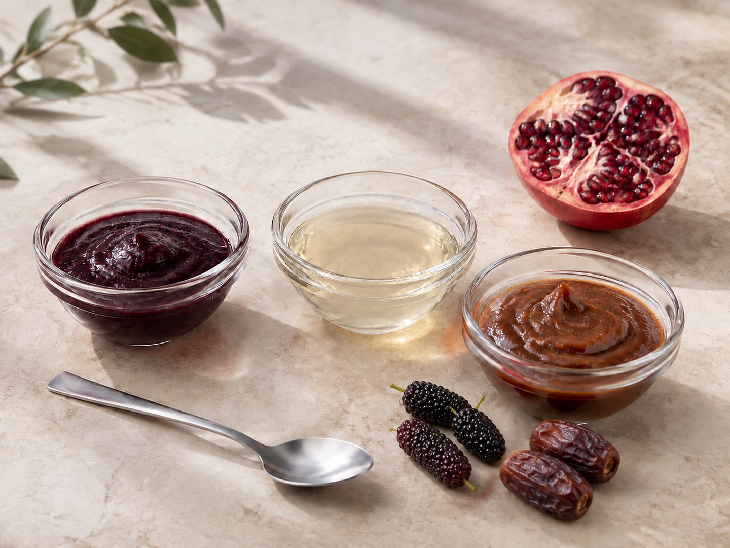 Illustrative fruit and date ingredients in plain sample bowls for formulation development
