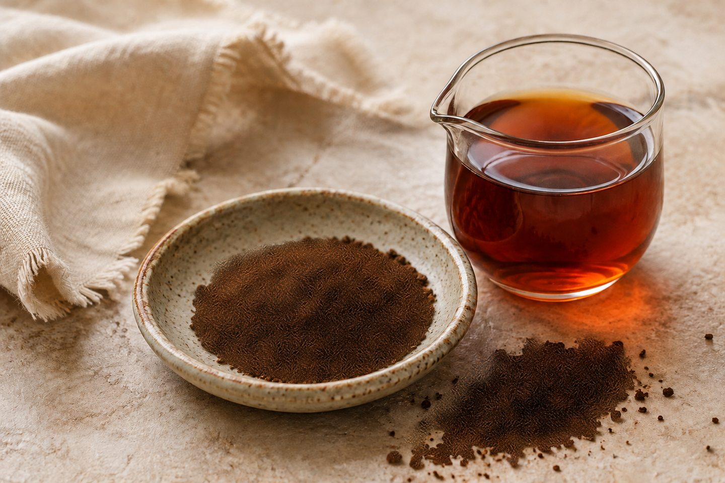 Coarse roasted date-seed grounds in a ceramic dish beside a glass server of amber-brown infusion