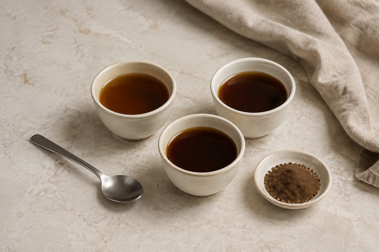 Three plain tasting cups of date-seed brew beside a spoon and a small dish of grounds.
