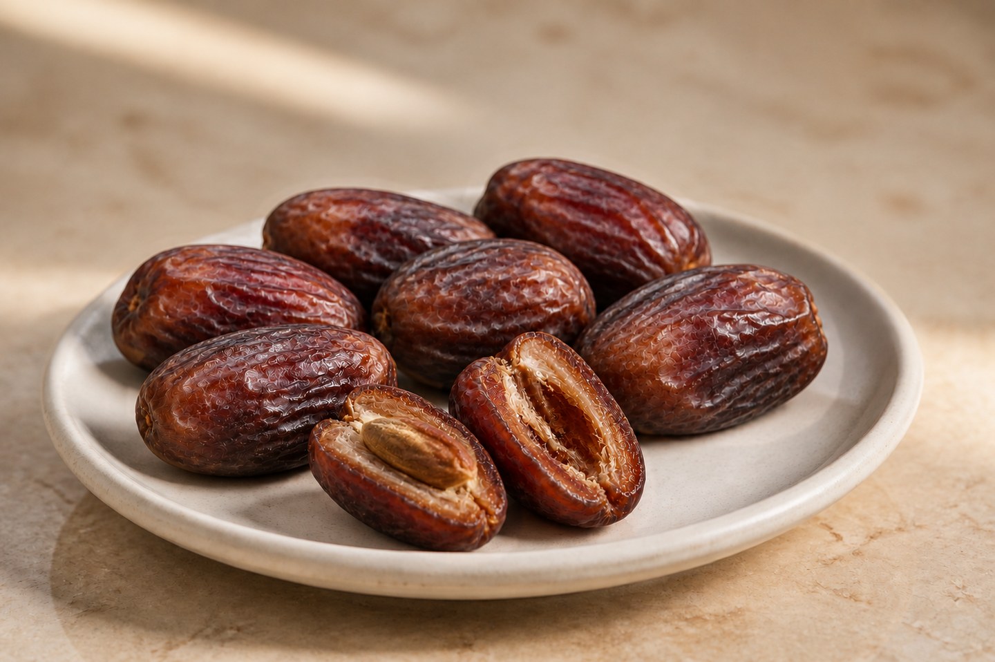 Whole dates and a cut date showing its amber flesh and elongated pit on a plain plate.